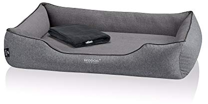 BedDog Premium Orthopädisches Hundebett Clara, Hundekissen mit abnehmbaren Bezug, Kuschel-Decke als Zugabe - Rock (grau)