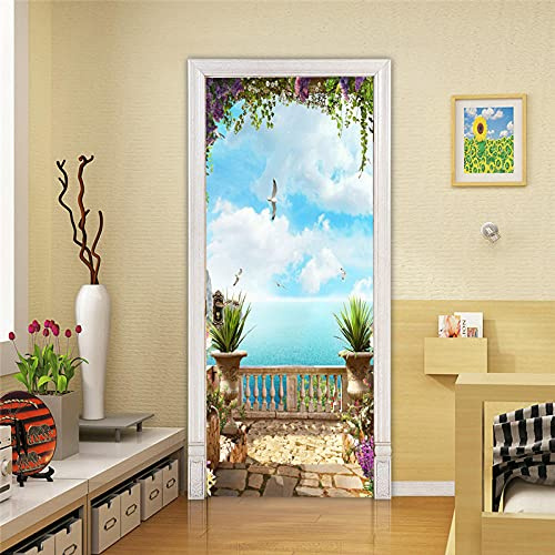 YQLKD Porte Poster Fleur 3D Balcon avec Vue sur La Mer Papier Peint Autocollant pour Porte PVC Home Poster Mural