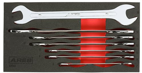 ARES 33041-7-Piece Metric Ultra-Thin Profile Double Open-End Wrench Set - Sizes 6-19mm - Chrome Vanadium Steel Construction with Mirror Polish Chrome Finish – EVA Foam Storage Tray