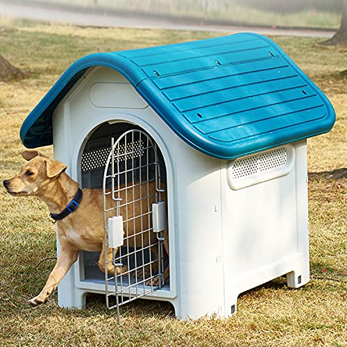 Wetterfestes Haustier-Hundehaus aus Kunststoff, Outdoor-Welpenzwinger mit Lüftungsschlitzen, Haustier-Möbelkiste mit hoher Basis für kleine, mittelgroße und große Hunde, Grau (Blau