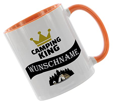 Crealuxe Kaffeetasse - Camping - King (Wunschname) -Spruchtasse, Bürotasse, bedruckte Keramiktasse, Tasse mit Spruch, Hochwertige Kaffeetasse (Orange)