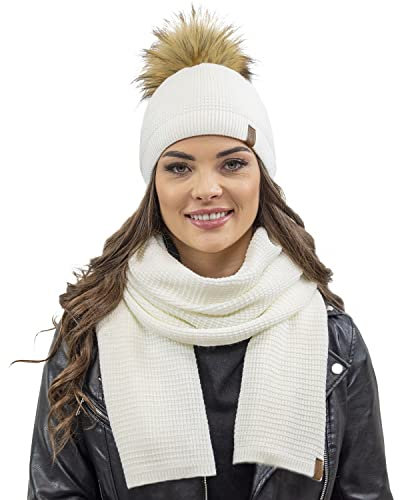 VIVISENCE Elegantes Damen Winter Set Aus Mütze Und Schal Mit Bommel Aus Warmem Garn Antistatische Eigenschaften Perfekte Passform Für Elegante Und Sportliche Outfits, Ecru,Einheitsgröße