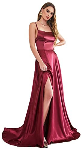 BABYONLINE ROBE Sexy Dos Nu Chic Soirée Élégante Longue Robe de Cocktail de Mariage Fente avec Train, Bordeaux, 8