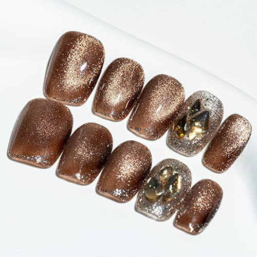 Sun&Beam Nails Handmade Press-on Short Squoval Round Coffee Brown Brown 0 Rhinestone Glitter Design Fashion False Nail Tips 10 Pcs Set (#035 M)