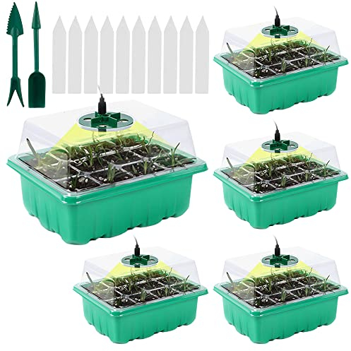 Aoreun 5 Pièces kit Mini Serre pour Plantes, Bac à semis, Mini Serre Interieur Plateaux de Culture avec 60 cellules, Plateau de Semis avec Couvercle et Ventilation, Serre Intérieure Pépinière Boîte