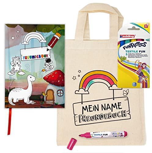 TOBJA Freundebuch Kindergarten mit personalisierte Stofftasche zum Ausmalen - Kinderfreundebuch inkl. Textilmarker | Ideal für unvergessliche Erinnerungen an Freundschaften im Kindergarten