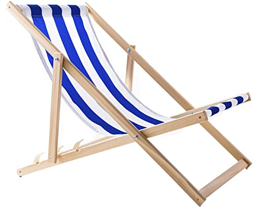 WOODOK Liegestuhl aus Buchholz Strandstuhl Sonnenliege Gartenliege für Strand, Garten, Balkon und Terrasse Liege Klappbar bis 120kg (Blau/weiß)