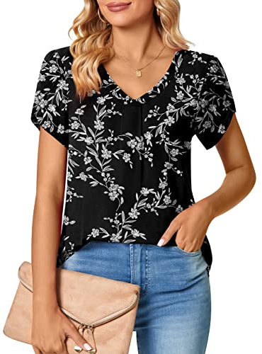 Bestbee Womens Short Sleeve Tops, Ladies Summer Tops Cute V Neck Shirts Casual T-Shirts Loose Fit Blouses, Carved White + Black, XL