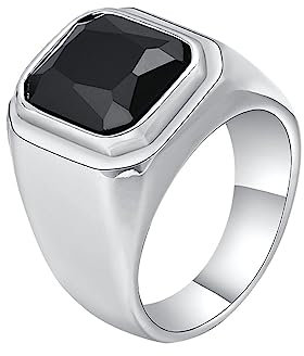 Gualiy Edelstahl Ring für Männer, Ringe Herren Silber mit Quadrat Schwarz Stein Ring Größe 70 (22.3)