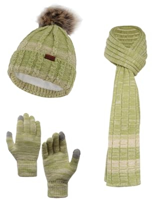 NATUST Mütze Schal Handschuhe Set Damen Winter Dickes Strickset Weiche Warme Gestrickt Langer Schal Touchscreen Handschuhe Grün