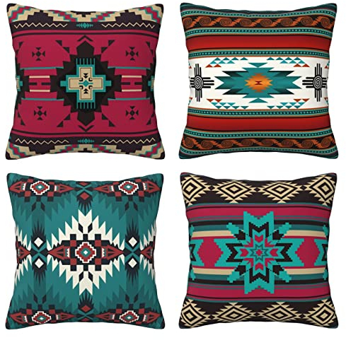 LAMOSPY Western-Kissenbezüge, 45,7 x 45,7 cm, Südwest-Kissenbezug, Indianer-Azteken-Dekokissen, Boho-Kissenbezüge für Zuhause, Sofakissen, 4 Stück (45,7 x 45,7 cm, Aztekenmuster)