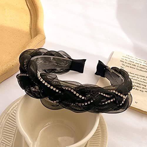 Damen-Stirnbänder, Haarbänder, Netzkette, Organza-Haarreif, Strass-Kopfreif, Spitze, Damen-Kopfbedeckung, Haarbündel R, rosa Netz-Strass, geflochtenes Zopf-Stirnband (Farbe: schwarzes Netz)