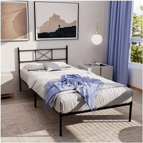 Dreamzie Bett 90x200 mit Lattenrost - Bettgestell 90x200 mit Füßen - Metallbett mit Kopfteil - 35 cm hoch - Einfache Monate und viel Stauraum