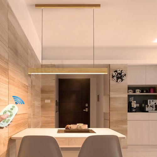 Pendelleuchte Holz Esstisch Esszimmer Lampen LED Hängelampe Dimmbar Hängeleuchte Wohnzimmer Küche Büro Hängend Leuchte Moderne linear Kronleuchter mit Fernbedienung Pendant Lampe (L60cm)