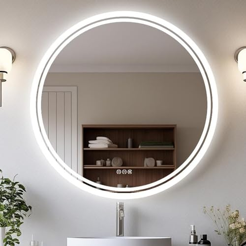 LUVODI Runder LED Badspiegel 80cm: Badspiegel Rund Hinterleuchtet mit ANTIBESCHLAG SPIEGELHEIZUNG, LED Wandspiegel Rund mit Licht, 3 Touch Schalter, Dimmbar 3 Lichtfarbe, Speicherfunktion, IP66