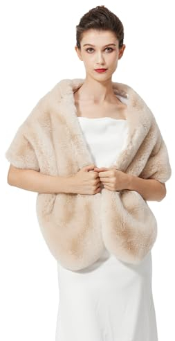 BEAUTELICATE Châle Étole en Fausse Fourrure Écharpe Boléro De Femme Mariage Hiver sur Robe de Soirée Mariée Cérémonie Fête Demoiselle d'honneur (Taille Unique, Amélioré - Champagne)