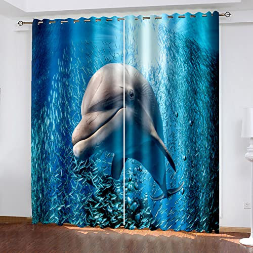 COOBAA 3D Tiefseedelfintier Druck Muster Ösenvorhang, Gardinen Wohnzimmer Modern Hoch 240X260Cm Thermo Vorhänge Gegen Hitze, Raumteiler Vorhang Für Flur Rauschminderung Dekorativ