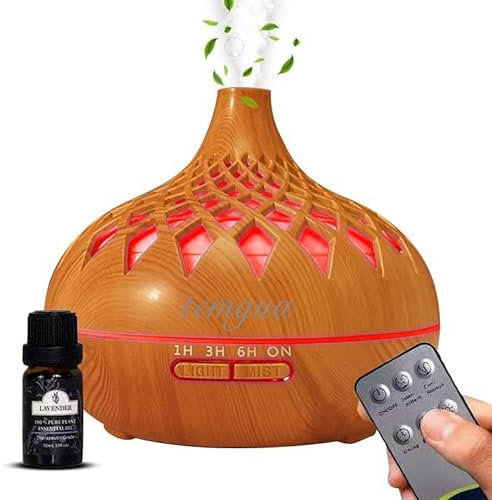 Temgua 500ml Essential Oil Diffuser, Ultrasonic diffusers for home with 1pure lavender oil, 4Timer, Waterless Auto-Off, Aromatherapy humidifier with 7LED lights (Light wood)