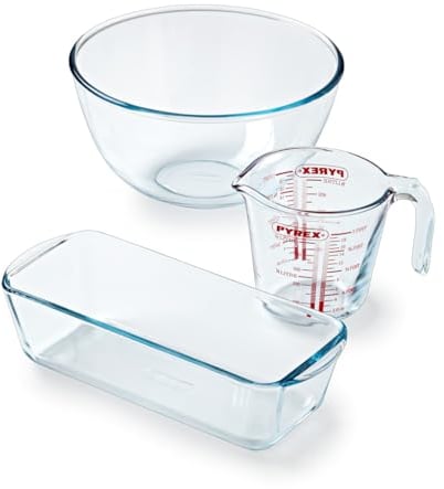 Pyrex - Kit pâtissier de 3 produits - 1 broc mesureur 0,5L + 1 bol de 2L + Moule à cake 28cm - Verre Borosilicate -Résistant aux Rayures - Made in France
