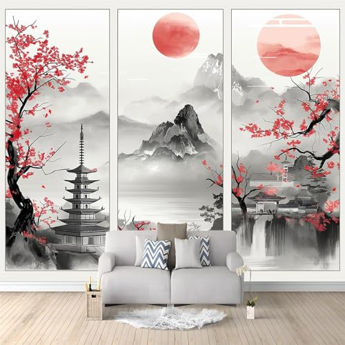 Art Papier Peint Intissé 3D Peinture À L'Encre Soleil Rouge 350x256 cm Muraux Tapisserie Photo Décoration Murale, Papier Peint Salon Chambre Bureau Couloir Peinture Murale Décor
