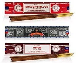 Satya Nag Champa Räucherstäbchen-Set, 3 x 15 g, beinhaltet: Super Hit, Dragons Blood, Opium Joss Stick