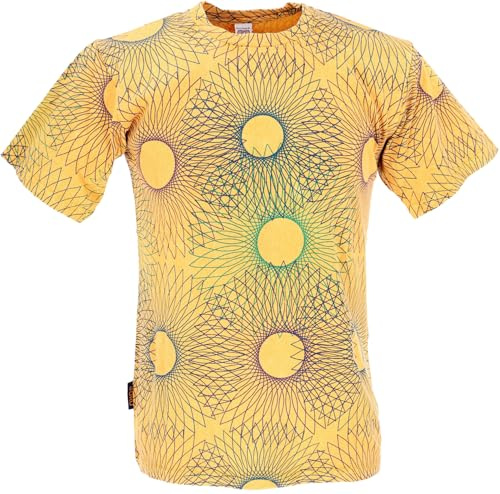 Tibet & Buddhist Art T-Shirt, Fusion Mandala, Stonewash, anthrazit/orange | Baumwolle, Herren T-Shirt, normaler Schnitt, handbedruckt, einzigartiges Design, aus Nepal