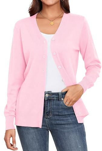 YGJIEGENG Cardigan Donna Scollo a V Maglia Elegante Casual Donna Aperta Davanti A Maglia Cardigan Aperta Casual per Primavera Autunno Outwear Rosa L