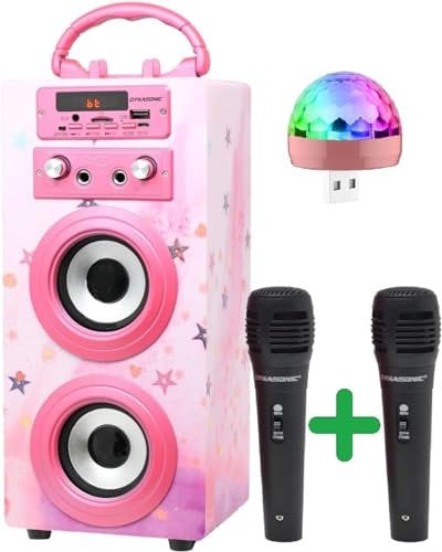 Máquina de Karaoke Portátil DYNASONIC, Altavoz Karaoke con 2 Micrófonos, Altavoz Bluetooth, Luz USB incluida, Lector USB y SD, diseño Exclusivo, Regalo Original (025-15 luz)