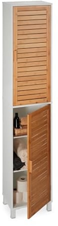 Relaxdays Armoire de Salle de Bain, H x L x P : 190x40x30 cm, 6 Compartiments, MDF & Bambou, Meuble Haut, Blanc - Nature