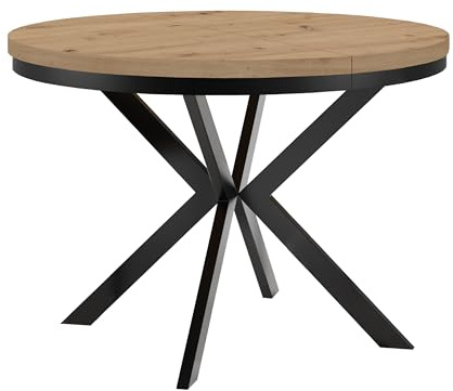 Dekori Möbel Runder Ausziehbarer Tisch für Esszimmer ENDO mit Ring-Gestell und Metallbeinen, Durchmesser Varianten von : 90 bis 220 cm (Eiche Artisan/Schwarz, 110/210 cm)
