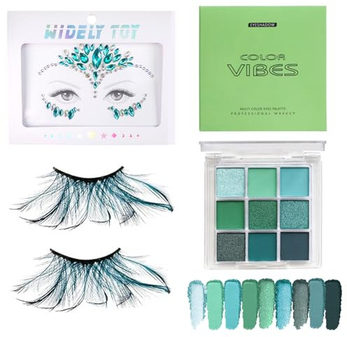 SHOWHEEL Pfauen Kostüm Damen, Schminke Pfau, mit Wimpern Pfau, Lidschatten Grün, Glitzersteine Gesicht, Kopfschmuck Pfau, Kostüm Pfau Zubehör, Federn Kostüm, zum Halloween Karneval Schminke