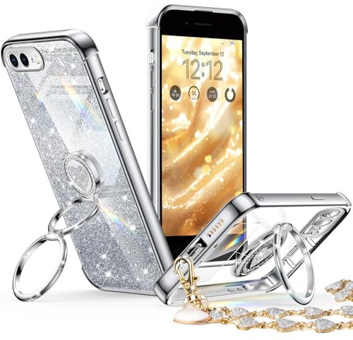XYZ for iPhone 8 Plus Case with Stand, iPhone 7 Plus Phone Case with Double Ring Kickstand, Women Girls Bling Luxury Glitter Clear Phone Case Cover Heart for iPhone 8 Plus/7 Plus, Silver