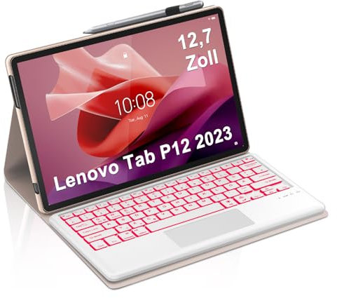 Occtingkind, Case with Keyboard for Lenovo Tab P12 2023 12.7 inch, Lenovo P12 Case with Keyboard, Magnetic Removable Keyboard, QWERTZ Layout, Multi Touch Trackpad, Backlight (Pink)