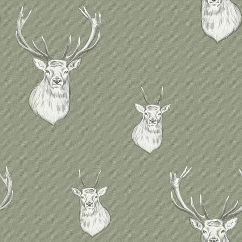 Stag Woodland Sage Green Wallpaper - Animal Print Trendy Stylish Feature Wall - Lightly Textured Paper
