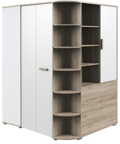 Lomadox Kinderzimmer Eckkleiderschrank begehbar, Jugendzimmer Kleiderschrank, gespiegelt aufbaubar in Eiche mit weiß