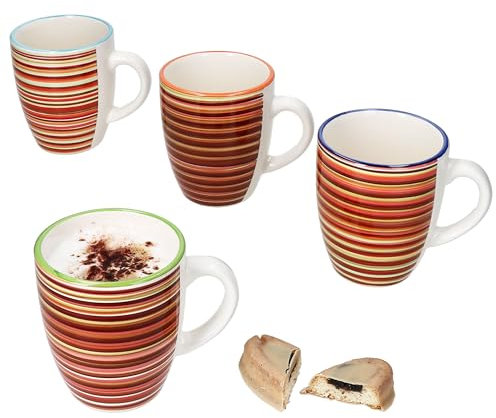 MamboCat Linea 4er Set Kaffeebecher I 320 ml I mediterrane gestreifte Steingut-Becher mit Henkel & 4 farbigen Rändern für 4 Personen I Tassen für Heißgetränke wie Tee, Kakao & Co