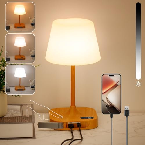 Rechargeable Table Lamp, Waterproof Cordless Bedside Lamp with USB & Type-C Charging Ports Small Portable Wireless Lamps Dimmable LED Night Light for Bathroom, Bedroom, Camping, 3 Color Temperature
