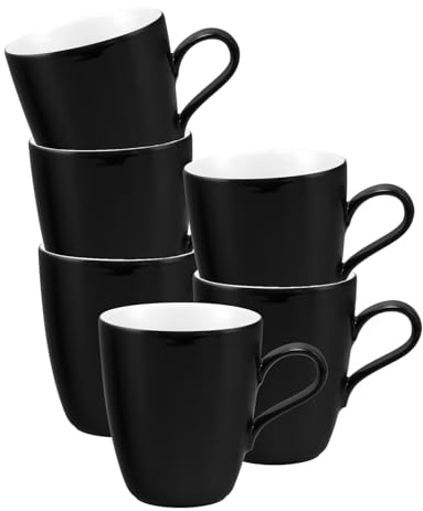 Seltmann Weiden Life Fashion Glamorous Black Henkelbecher 6er Set, 400 ml, Einfarbige Kaffeebecher mit Henkel, Mix & Match Geschirr, Spülmaschinen- & Mikrowellenfest, Porzellan, Schwarz/Weiß