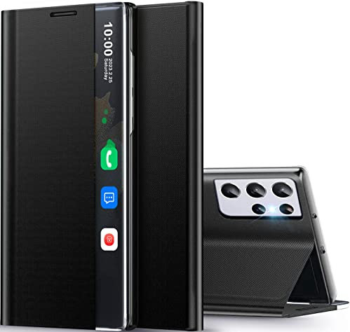 Qissy Cover S21 Ultra per Samsung S21 Ultra Clear View Cover a libro con aletta per Samsung Galaxy S21Ultra Sottile Flip Folio Cavalletto Stand Support Cover per Samsung Galaxy S21 Ultra 5g Case (nero