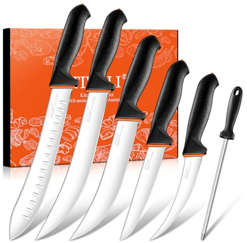TIVOLI 6-teiliges Metzger Messer Set aus Edelstahl | Mit Bullnose Messer, 2 Tranchiermessern, geraden & gebogenen Ausbeinmessern sowie Wetzstahl für Fleisch und BBQ