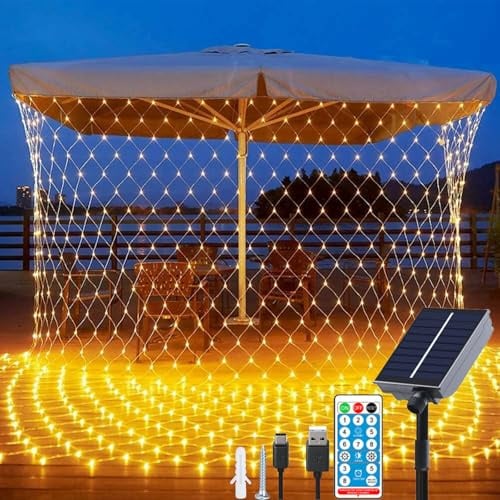 Fonysien Solar Lichternetz Wasserdichte 1.5 * 1.5M 96LEDs Lichternetz Lichtervorhang Außen mit Fernbedienung 8 Modi Baum Lichterkette Netz für Garten Fenster Weihnachten Hochzeit