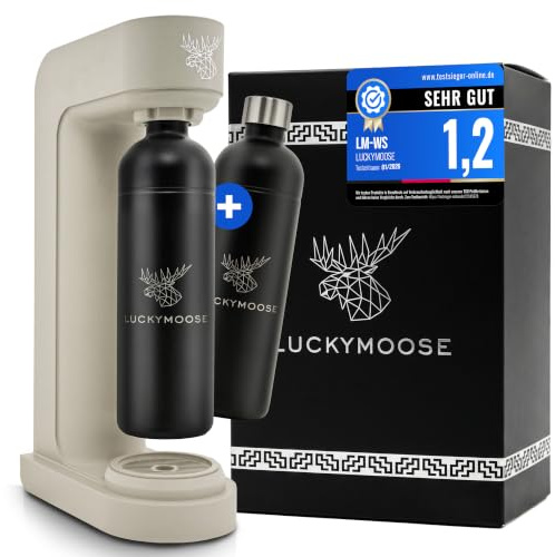 Luckymoose Infinity Wassersprudler mit 2x 1,25L langlebigen, spülmaschinenfesten Edelstahlflaschen – CO₂-sparende Sprudelwasser Maschine – Kompatibel mit den blauen 60l CO₂-Zylindern