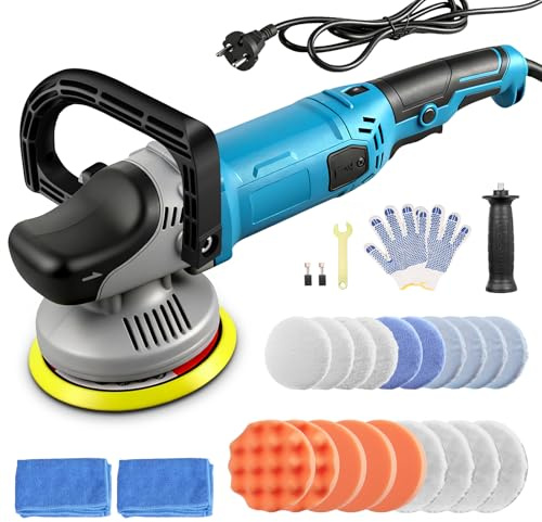Poliermaschine Auto Professional Set, 150mm 1200W Exzenter Poliermaschine, 8 Geschwindigkeiten1000-4200RPM, 2M Kabel, Abnehmbarer D-Griff und Seitengriff, zum Polieren von Auto, Möbeln