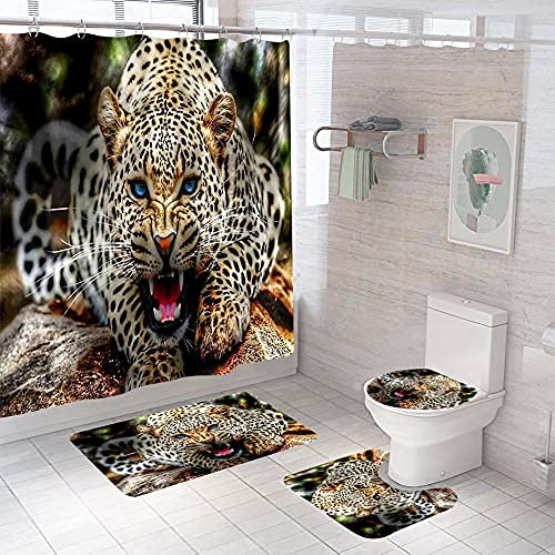 Badgarnitur 3 Teilig Badezimmerteppich Waschbar Badematte rutschfest,Wc Vorleger Mit Ausschnitt Und Badematte, Badvorleger Toilette Teppich 45X75Cm Leopard