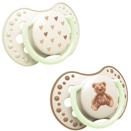 LOVI Dynamischer Silikonschnuller 2 St. Teddy Love, Schutz Saugreflex, Sicher für Stillen und Biss und Spreche, Antiallergisch, Freie Atmung, Leuchtelemente (6-18 m)