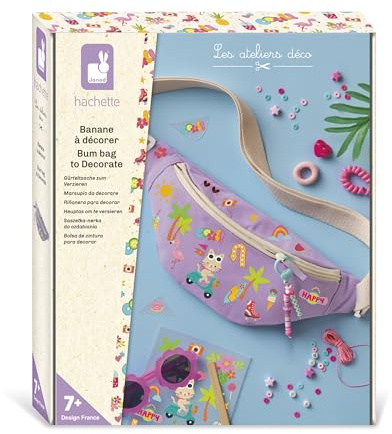 Janod – Kreativset zur individuellen Gestaltung Einer Gürteltasche – Gestalte Deine eigene Gürteltasche – Komplettes DIY-Set: 1 Gürteltasche + Abziehbilder + Schlüsselanhänger – Aktivität ab 7 Jahren