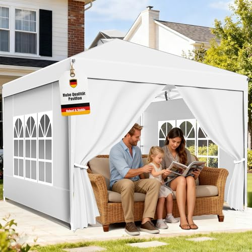 Tonnelle de Jardin 3x3m,Tente Pliante de Exterieur avec 4 Côtés、4 Sacs de Sable、Sac de Transport,Tonnelle Pliante Imperméable,Anti UV,Hauteur Réglable,Tente de Camping,Barnum pour Exterieur,Blanc