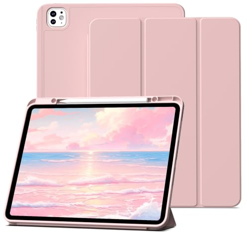 Lsmmpoba Hülle für iPad Pro 13 Zoll M5/M4 (2025/2024), Rosa | mit Stifthalter, Dünn Ständer Stoßfest, TPU Rückseite, Auto Wachen/Schlafen