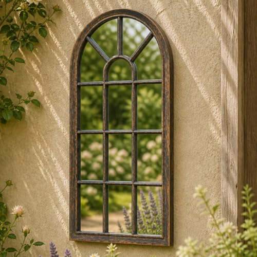 Garden Mirror, Arched Weatherproof Antique Bronze Effect Outdoor Mirror for Wall Fence or Shed, Decorative Window Style Wall Art for Patio Courtyard or Garden, 70cm, Rust-proof, Shatter-resistant