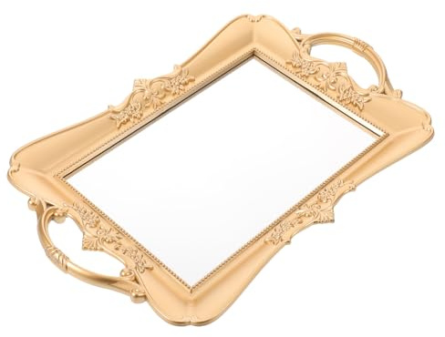Luxshiny Plateau Décoratif Orné Européen Vintage en Plastique et Verre Plateau Miroir Rectangulaire Forte Capacité de Charge et Organisation pour Centre de Table